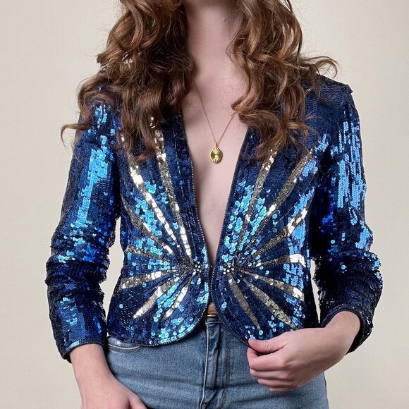 Vintage Tops - Vintage 100% Silk Sequin Beaded Starburst Long Sleeve Blazer Jacket Cardigan Top